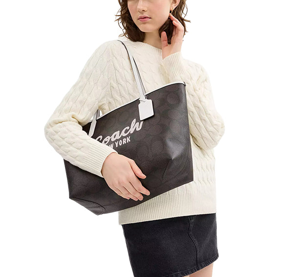 Coach Women's City Tote Bag With Coach Graphic Silver/Walnut/Chalk