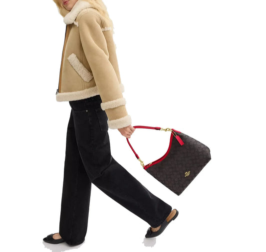 Coach Women's Laurel Shoulder Bag In Signature Canvas Gold/Walnut/Bold Red
